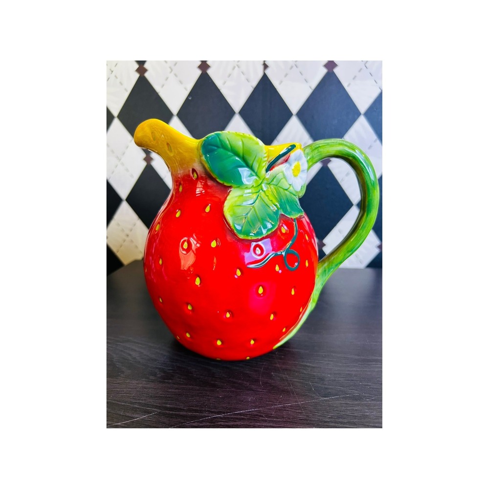 Strawberry Ceramic Pitcher Red Fruit Cottagecore Kitchen Decor 8" Whimsical Host
